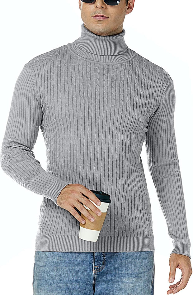 Mens Slim Fit Turtleneck Sweater Cable Knit Thermal Pullover Sweater