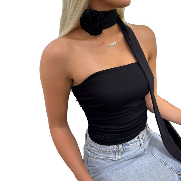Women's Summer Tight Three-dimensional Flower Ribbon Design Short Tube Top