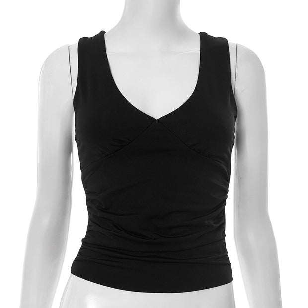 European And American Solid Color And V-neck Pleated Sexy Vest Top For Women