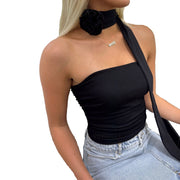 Women's Summer Tight Three-dimensional Flower Ribbon Design Short Tube Top