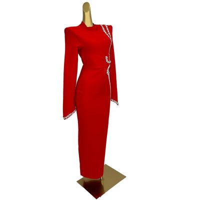 Woman Red Elegant Maxi Diamonds Dresses Fashion Long Sleeved Pleasted Bandage Dress Slim Fit Vestido Causal Office Lady Robe