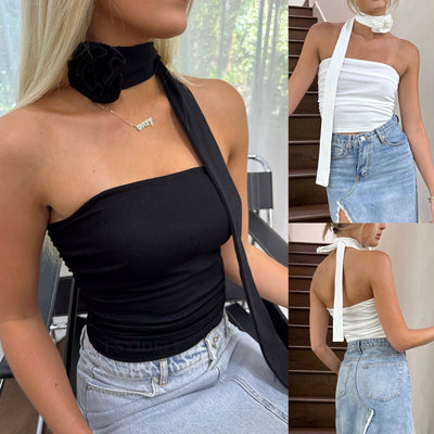Women's Summer Tight Three-dimensional Flower Ribbon Design Short Tube Top